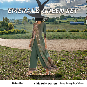 Ensemble deux pièces décontracté pour femmes européennes et américaines 2025, vert émeraude, manches longues, imprimé uni, teinture unie, séchage rapide, respirant - Product Image 2