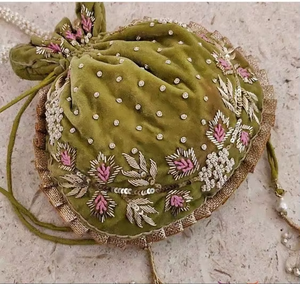 Pearl Work Latkan Zari Embroidery Beautiful Silk Fabric Attractive Ostrich Half Moon Potli Bag Parties <b>Weddings</b> Collection - Product Image 3