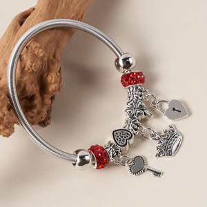 Fashion Charm <b>Bracelet</b> Tibetan Silver Heart Crown Key Lock Pendant Beaded Spring Elastic Bangle Unisex Gift Jewelry - Product Image 3