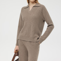 Ensemble deux pièces élégant pour femme en cachemire/laine tricoté avec col en V, pantalon long, tissu doux, coupe classique