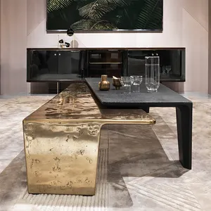 <span class=keywords><strong>Mesa</strong></span> central moderna de acero inoxidable martillado Alto y Bajo vintage, diseño de sala de estar con material metálico - Product Image 6