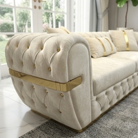 Ensemble de canapés sectionnels incurvés Chesterfield de luxe moderne haut de gamme en tissu velours durable, garni d'éponge, avec structure en acier inoxydable pour villa