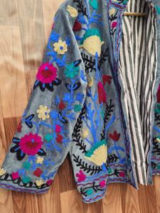 Handmade Suzani Velvet Jacket | Boho Floral Embroidered <b>Coat</b> - Product Image 3