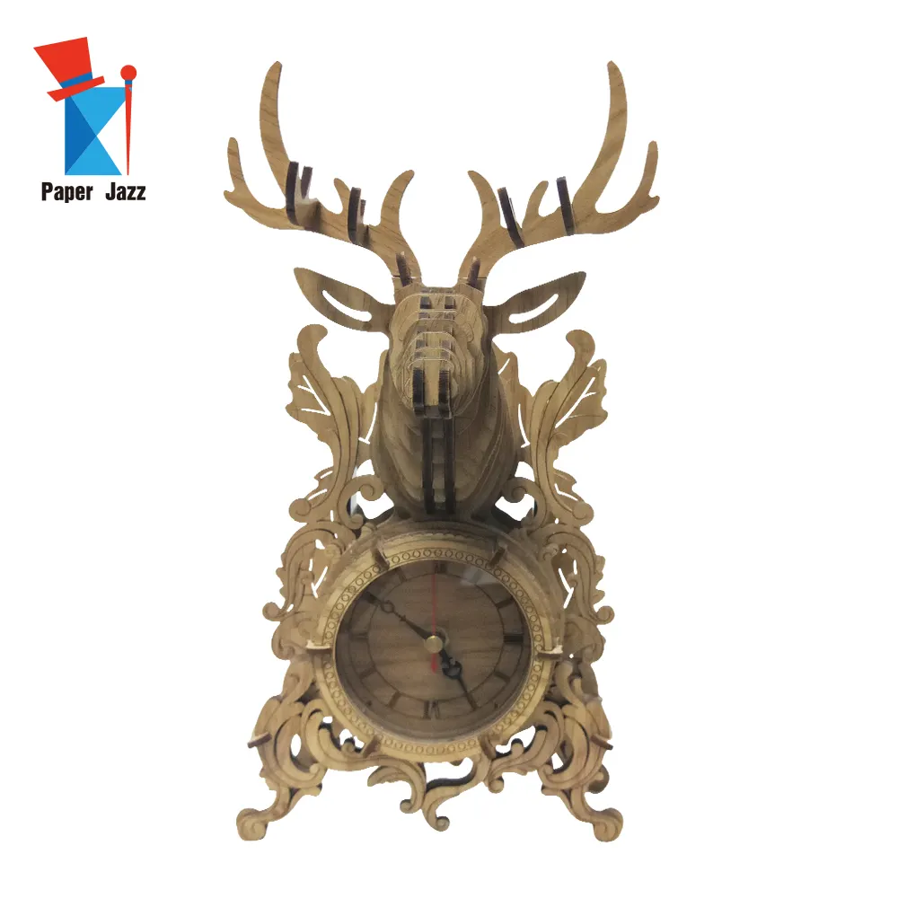 家の装飾レーザーカット古典的な鹿の形子供のための大人のためのパズルのDIY3D木製デスククロック