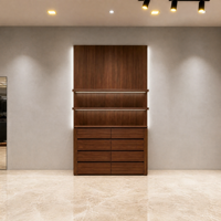 Étagère de présentation de vêtements de luxe avec cadre en métal doré, bois de noyer, éclairage LED, étagère murale pour boutique avec tiroirs de rangement