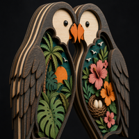 Boîte à ombres personnalisée pour oiseaux exotiques tropicaux |   Scène de palmiers et d'hibiscus découpée au laser en contreplaqué de peuplier multicouche |   Décoration murale suspendue en forme d'oiseau miroir