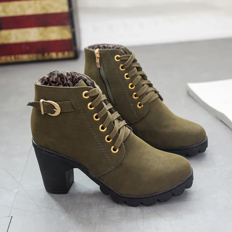 Sepatu Bot Hak Tinggi Gesper Hak Tinggi Wanita, Sepatu Bot Martin Kepala Bulat, Hak Tebal, Sepatu Ksatria Musim Gugur 2021