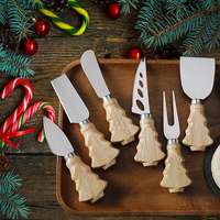 Ensemble de 6 couteaux à fromage en acier inoxydable avec manches en bois, design sapin de Noël, pour les fêtes de Noël et l'utilisation en restaurant