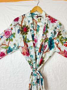 Bata Kimono de Algodón Estampada a Mano: Chaqueta Ligera Azul Estilo Boho para Invierno con Cinturón, Venta al por Mayor - Product Image 3