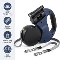 Laisse pour chien rétractable double anti-emmêlement 360° avec lumière LED et distributeur de sacs à déjections
