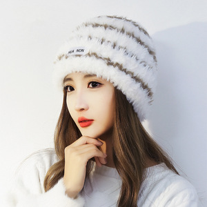 Winter Warm Thickened Fur Striped Knitted Hat For Women Cold Proof Beanie White With Black Ring Light Beige With Brown Ring - Product Image 1