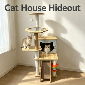 Wooden Cat Tree with Transparent Space Capsule Multi Cat Sisal Scratching Posts Colorful Toy Ring and Top Lounge Bed Cat Tree