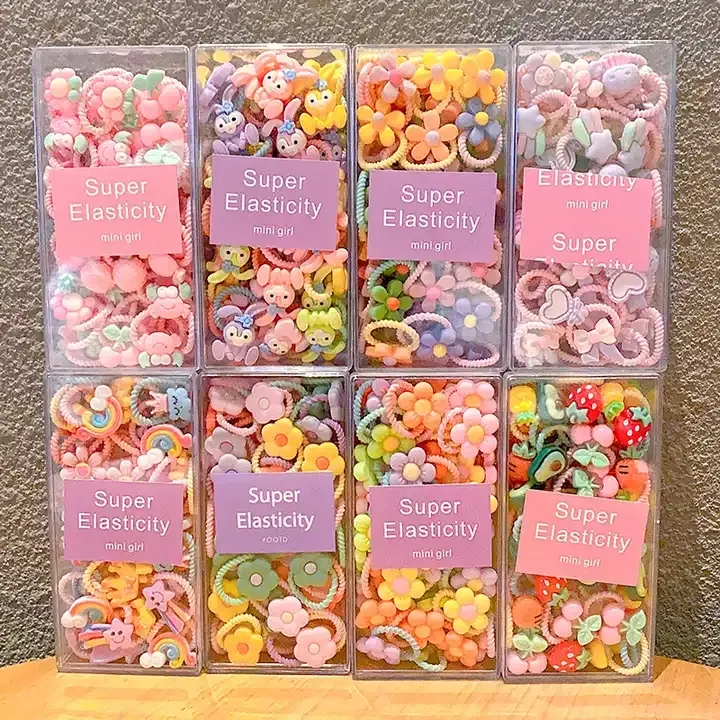 Wholesale 30 pcs/box candy color Cute resin fruit Cartoon baby Elastic Rubber Band Girls Hair Ties kids accessories set