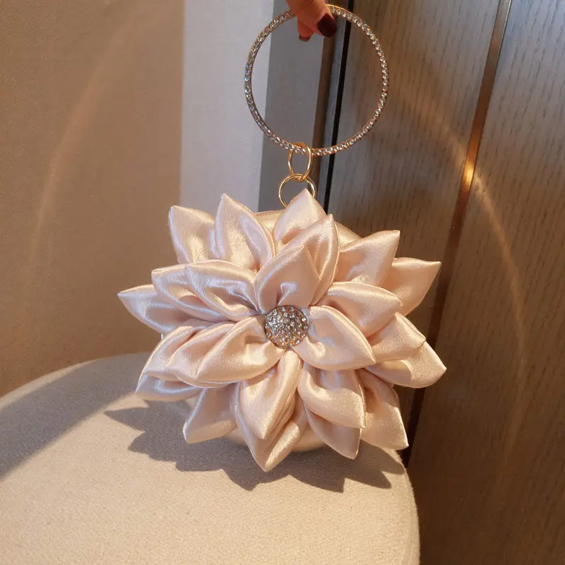 TS satén 3D flor bolso de mano bolso de noche de cristal brillante rhinestone cadena de lujo fiesta banquete Bolsos De Mujer