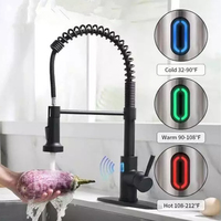 Robinet de cuisine moderne à poignée unique avec capteur automatique - Noir mat, douchette extractible, céramique, SUS304, mitigeur d'eau LED, économie d'énergie