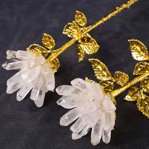 Wholesale Natural Healing Crystal Handmade Clear Quartz Flower Ornament Carved Crystal Golden Single Quartz Flower For Gifts