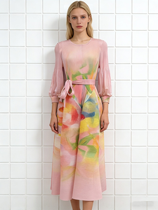 Floral Print A-Line Midi <b>Dress</b> Long Sleeve Polyester Woven Anti-static Casual Spring <b>Dress</b> - Product Image 3