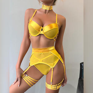 Gelbe Damen Dessous Sinnliche Fantasie Komfortable Atmungsaktive Dünne Mesh Sexy Body Shaping Mädchen Sexy BH Höschen Fünfteiliges Set - Product Image 5
