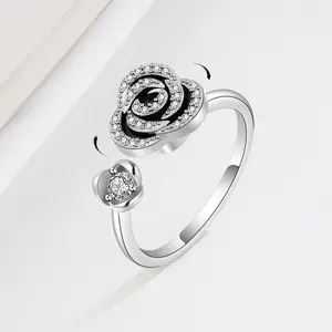 CZ Rose Rotating Fidget Worried Rings 925 Sterling Silver Rose Cubic Zircon Spinner Anxiety Rings Anillos Para La Ansiedad