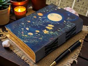 Diario de Cuero Hecho a Mano con Diseño de Flores Silvestres y Luz de Luna Celestial - Libro de Hechizos Cosido a Caballete con Papel Vintage de Borde Desflecado - Regalo - Product Image 6