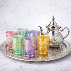 Juego de té marroquí, 6 vasos en color pastel, un bandeja, una tetera en caja de regalo - Product Image 1