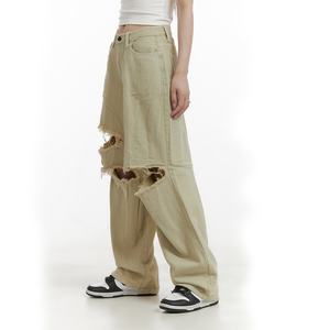 Jeans Baggy Desgastados Color Caqui para Mujer, de Alta Calidad, con Logotipo Personalizado Slvow, Jeans Apilados a la Moda - Product Image 5