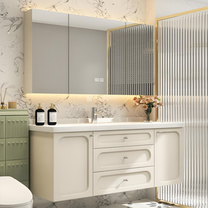 Meuble sous-vasque mural en bois blanc avec miroir pour salle de bain d'hôtel de style européen de luxe personnalisé - Product Image 1