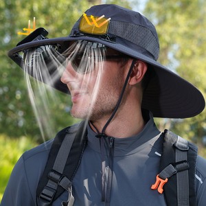 Sombrero de ventilador solar de ala ancha ajustable de 60cm, ventiladores de refrigeración duales y protección UV, <span class=keywords><strong>gorra</strong></span> de pesca recargable con patrón impreso - Product Image 1