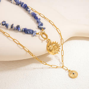 Collar de Aleación de Zinc Estilo Europeo Americano con Piedra Natural, Dije de Sol y Luna Dorado, Cadena de Clavícula en Capas, Moda Otoño Invierno - Product Image 2