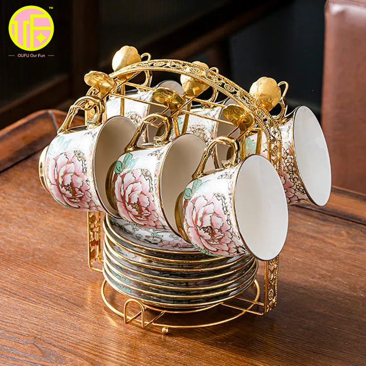 OUFU-Juego de tazas de porcelana con flores doradas y ópalo blanco, juego de tazas de café y té de cerámica reutilizables, venta al por mayor