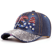 Casquette de baseball en jean avec drapeau américain et strass, effet vieilli, pour adultes