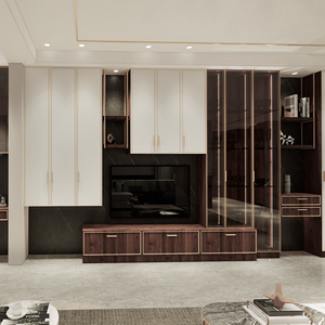 Mueble de TV de MDF Moldeado con Marco de Metal Dorado, Mueble de Almacenamiento y Exhibición Personalizado Moderno para Toda la Casa - Product Image 1