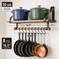 Étagère murale en bois pour pots suspendus, lot de 2, style ferme, étagère flottante pour cuisine, organisateur d'ustensiles de cuisine avec 8 crochets, capacité de 50 lb