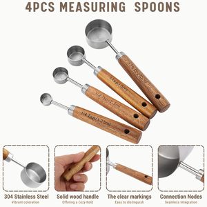 Eco-Friendly Stainless Steel <b>Measuring</b> Cups and <b>Spoons</b> Set with Wood Handle for Dry and Liquid Ingredients - Product Image 3