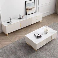 Meuble de Salon ATUNUS Élégant Haut de Gamme Blanc et Or avec Cadre en Acier Inoxydable, Meuble TV et Table Basse avec Tiroir pour la Maison
