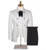 Setelan Tuxedo Pria Jacquard Putih 3 Potong Kerah Mandarin Kancing Logam Jas Pengantin Slim Fit Blazer Rompi Celana Setelan Pria