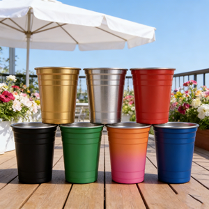 Tasse à café réutilisable en acier inoxydable rose personnalisée 16oz, tasse métallique empilable imprimée, gobelet polyvalent, fabricant Ping Pong - Product Image 1