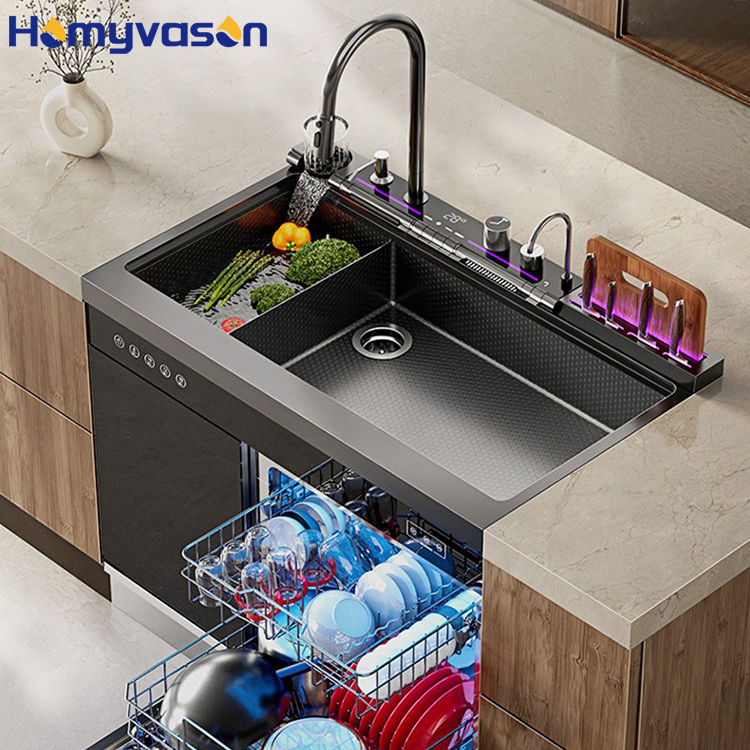 Good Selling Nano Black Stainless Steel Dishwasher Smart Sink Rectangular Double Bowl Kitchen Sink with Dishwasher
