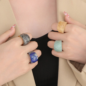 Edelstahlring mit Naturkristallstein, Baguette-Schliff, 18K vergoldet, hypoallergen, verstellbarer offener <span class=keywords><strong>Ring</strong></span> für Damen - Product Image 3