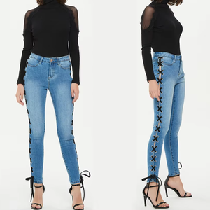 Jeans skinny <span class=keywords><strong>taille</strong></span> <span class=keywords><strong>haute</strong></span> sexy pour femmes, pantalon en denim bleu clair, jeans slim à lacets pour femmes, jeggings - Product Image 1