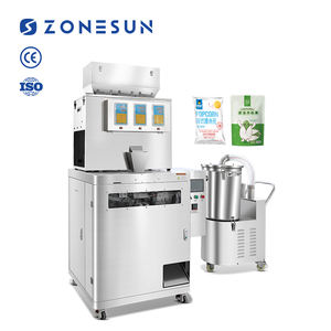 Machine de pesage, de remplissage et de scellage automatique ZONESUN ZS-AFS04 à trois têtes pour sachets préformés, granulés, noix, grains de café - Product Image 1