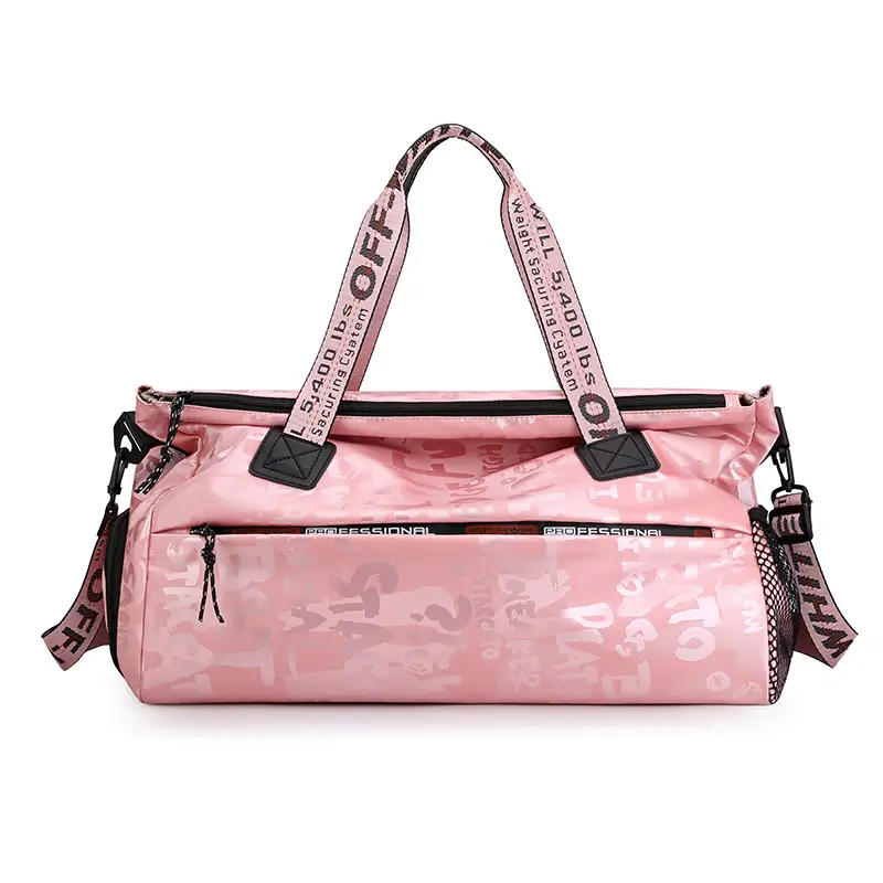 Bolsa de academia feminina para viagem, sacola de viagem à prova d'água rosa de zipper duffle para treino, yoga, com compartimento para sapatos