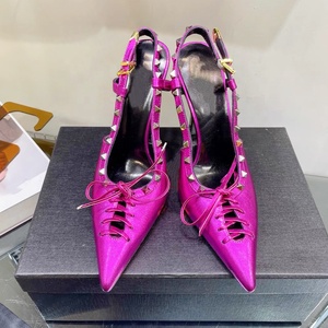 Sandales sexy à découpes et lacets, talons aiguilles extrêmement hauts, bout pointu, bride arrière, rivets métalliques, chaussures d'été pour femmes - Product Image 1