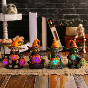 Halloween Citrouille Lanterne Elfe Résine Artisanat Décoration Maison Bureau Lumineux Gobelin Poupée Décoration - Product Image 2