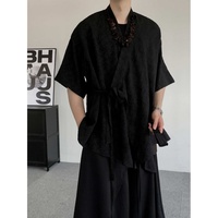 Chemise décontractée pour homme à manches courtes en jacquard, coupe ample, avec détails perlés décoratifs, pour le streetwear