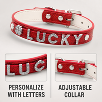 Collier personnalisé pour animaux de compagnie, style dessin animé, en cuir PU pailleté avec lettres coulissantes en strass, pour chien et chat, réglable de 19 à 56 cm