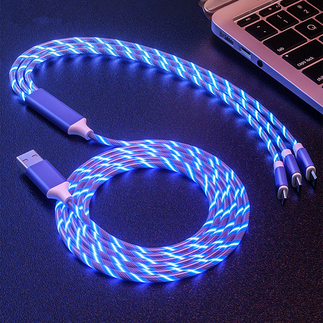 Mobile Phone Micro Usb Type C LED Light Glowing Multi-function Charger 3 in 1 USB Charging Cable for iPhone for Samsung