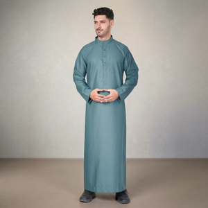 Robe traditionnelle islamique pour homme, bleu turquoise, à manches longues, boutonnée sur le devant, col montant, style saoudien, koweïtien, émirati - Product Image 1