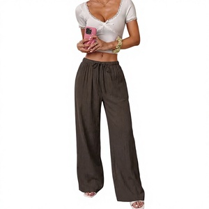Pantalon en lin taille haute pour femme, coupe ample, couleur unie, respirant, brodé, avec cordon de serrage, décontracté, pour l'été et la plage - Product Image 2
