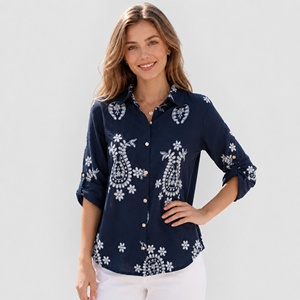 Chemisier brodé Paisley pour femme, chemise en lin bleu foncé avec boutons dorés et manches convertibles, Blusas De Mujer - Product Image 3